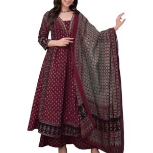 ANNI Designer Women's Pure Cotton Anarkali Kurta Set for Women with Dupatta & Plazzo – Hand Block Print Suit Set | Stylish Dress | Cotton Kurta Set for Women